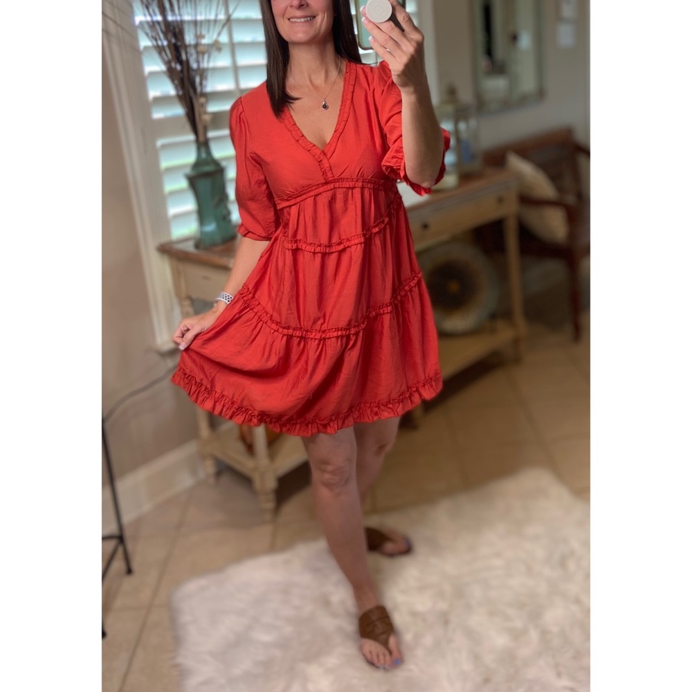 Tiered Ruffle Trim V-Neck Babydoll Rust 1821 - Picture 4 of 9